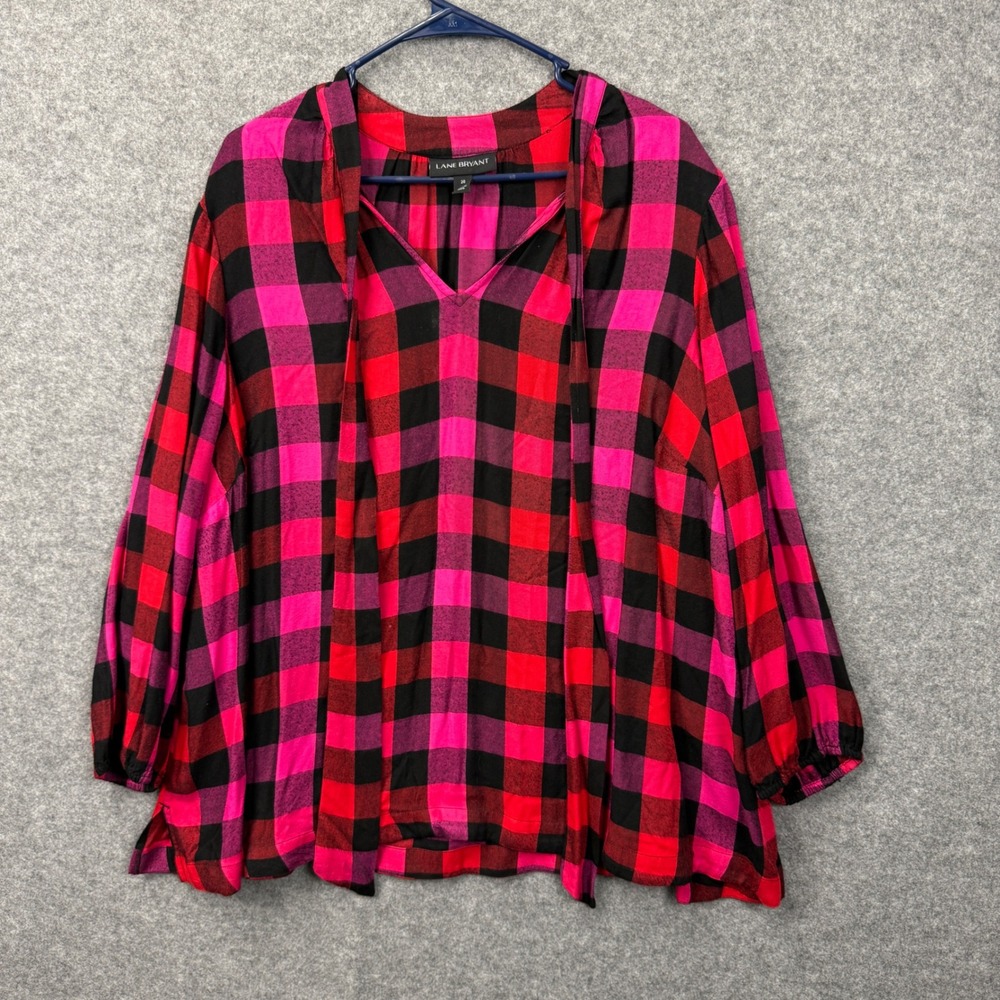 Lane Bryant Red Pink Buffalo Plaid V-Neck Rayon Blouse Plus Size 20 Long Sleeve